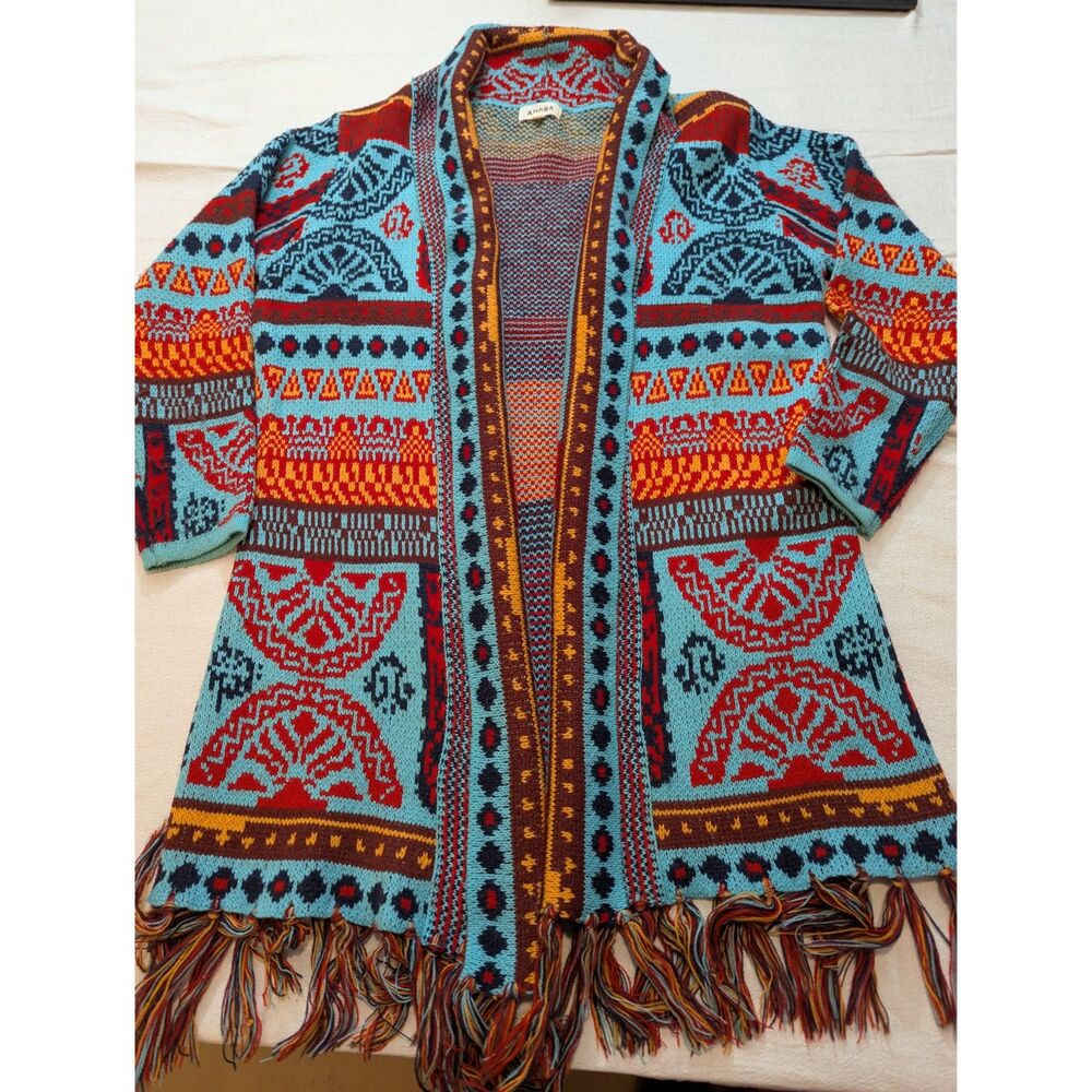 Adora Aztec Fringe Cardigan S/M Boho Western Open Sweater